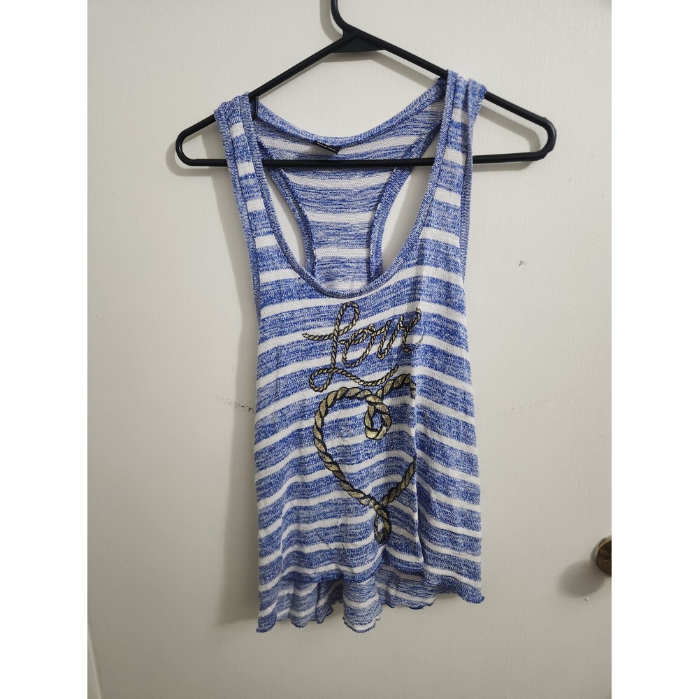 Stranded Womens Blue White Striped Love Heart Graphic Racerback Knit Tank Top M